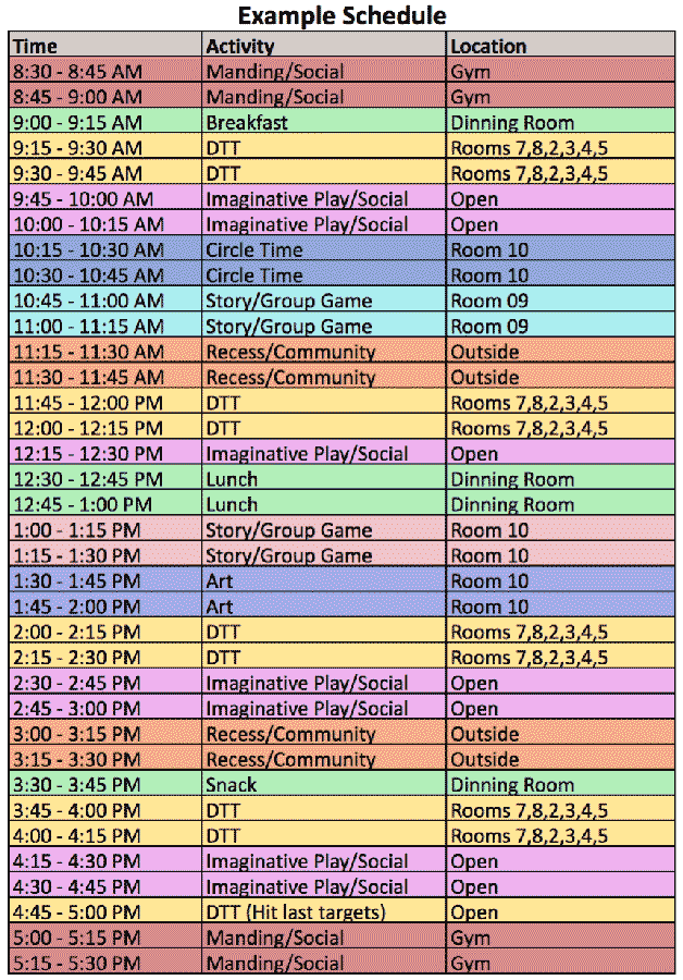 A mock schedule of activities at Bright Mosaic Autism Center