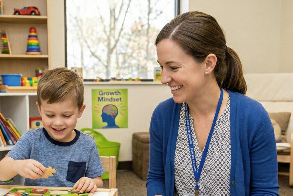 A smiling clinician sits beside a young boy as he fits pieces into a wooden puzzle in a bright therapy room lined with toy shelves.